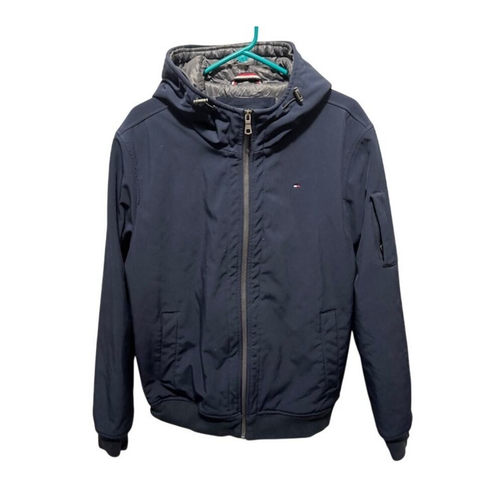 Tommy Hilfiger's Men's Soft Shell Hooded Bomber Jacket Navy Blue Size Large